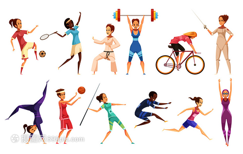 女運動員復古卡通集的孤立女人物同類型的運動空白背景矢量插圖女運動員涂鴉收藏